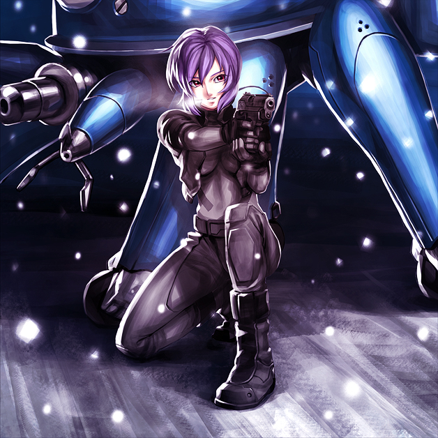 1girl aiming boots breath cropped_jacket ghost_in_the_shell gun handgun iwai_ryou kneeling kusanagi_motoko leather pistol red_eyes robot short_hair snow snowing solo tachikoma weapon