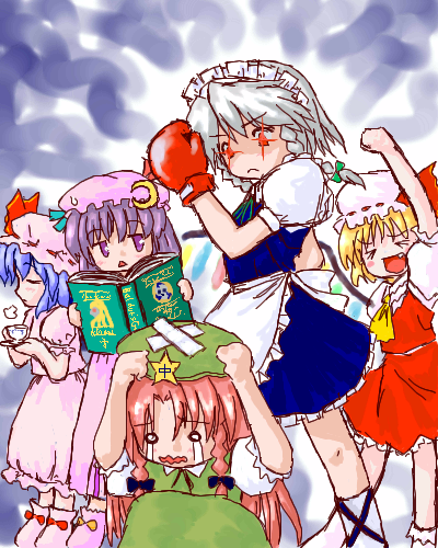 5girls arm_up boxing_gloves clenched_hand closed_eyes cowering crescent crying cup dress empty_eyes female flandre_scarlet holding hong_meiling izayoi_sakuya long_hair lowres maid_headdress multiple_girls o_o patchouli_knowledge puffy_short_sleeves puffy_sleeves purple_dress purple_hair raised_fist reading red_dress red_eyes redhead remilia_scarlet short_sleeves siblings silver_hair sisters streaming_tears teacup tears the_embodiment_of_scarlet_devil touhou very_long_hair violet_eyes wince wings