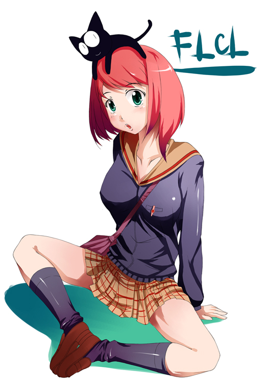 00s 1girl bag breasts cat erect_nipples flcl fourthcape green_eyes kneehighs medium_breasts misaki_takahiro open_mouth plaid plaid_skirt redhead samejima_mamimi school_uniform serafuku shadow short_hair sitting skirt socks solo takkun takkun_(flcl)