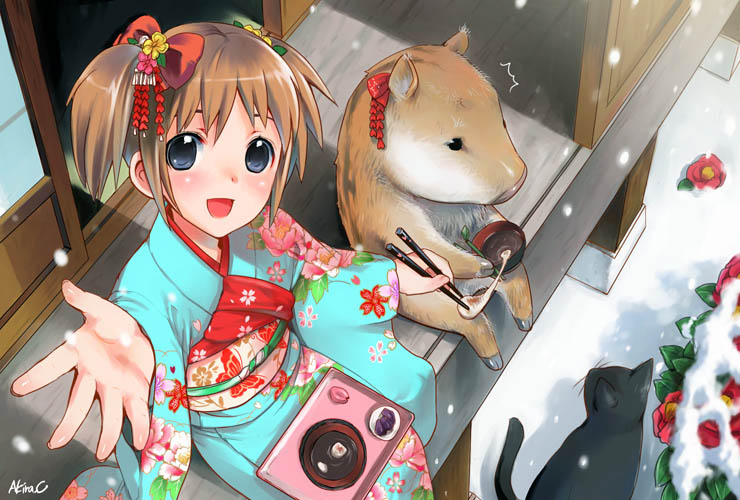 1girl :d black_cat black_eyes boar bowl brown_hair camellia_(flower) cat chopsticks flower food from_above hair_ornament japanese_clothes kasukabe_akira kimono looking_up mochi new_year obi open_mouth outstretched_hand perspective sash short_twintails signature sitting smile snow snowing solo tray twintails veranda wagashi