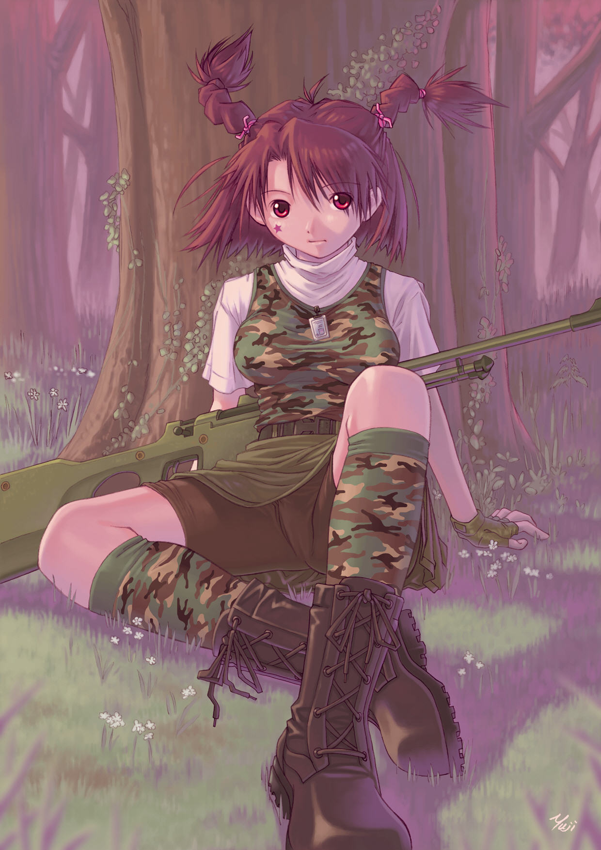 1girl boots braid breasts brown_hair camouflage gun highres kobayashi_yuji kobayashi_yuuji military pantyhose red_eyes sitting solo spandex twin_braids weapon