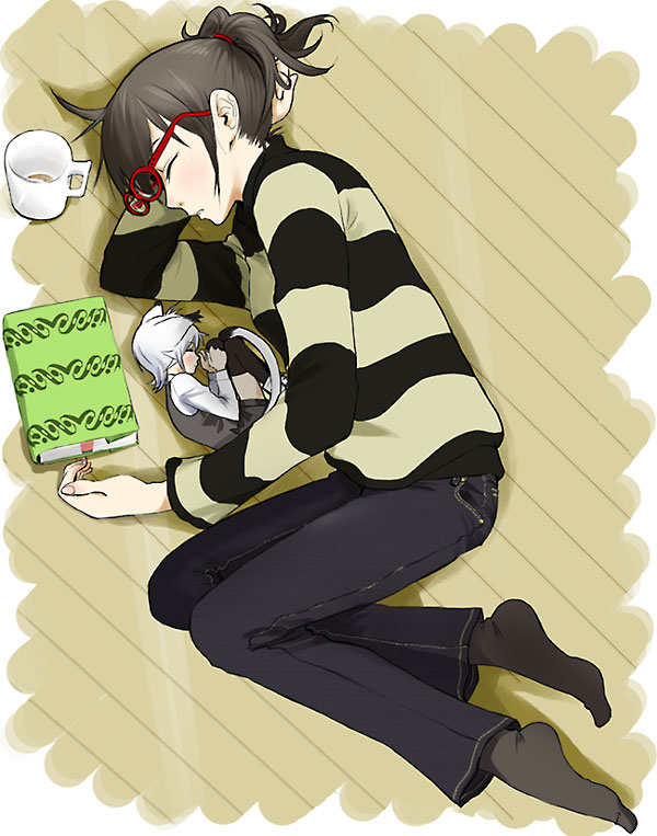 2girls animal_ears black_hair book cat_ears cat_tail closed_eyes cup denim footwear glasses jeans lying minigirl mug multiple_girls no_shoes on_floor original pants ponytail red-framed_glasses short_ponytail sleeping socks striped striped_sweater sweater tail takano_saki white_hair