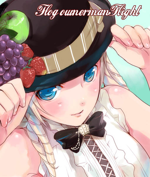 1girl apple blonde_hair blue_eyes drill_hair face food fruit grapes hand_on_headwear hands hat kasukabe_akira lips lolita_fashion long_hair looking_at_viewer original ringlets sleeveless smile solo strawberry upper_body