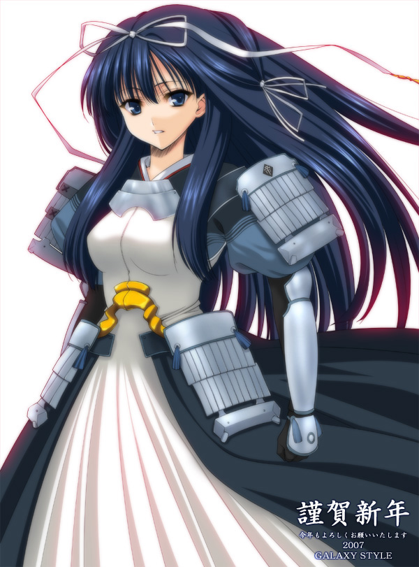 00s 1girl 2007 armor armored_dress blue_eyes blue_hair dress hair_ribbon long_hair rance_(series) ribbon sengoku_rance solo uesugi_kenshin_(rance) yoshida_inuhito