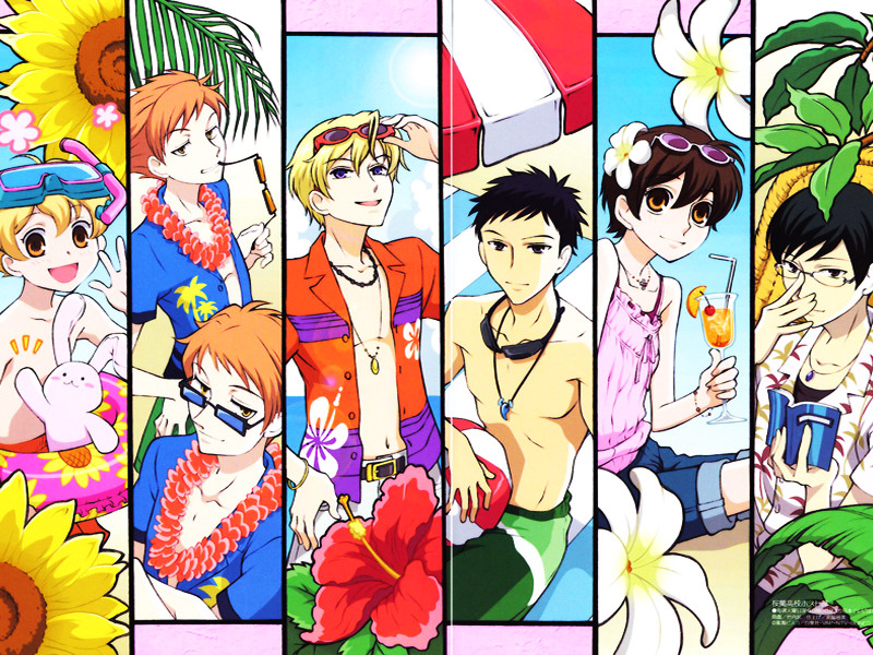 1girl 6+boys ball beach black_hair blonde_hair blue_glasses blush_stickers book brothers brown_eyes clouds column_lineup cup denim denim_shorts everyone flower fujioka_haruhi glasses hair_flower hair_ornament haninozuka_mitsukuni hitachiin_hikaru hitachiin_kaoru innertube jewelry looking_at_viewer male_harem morinozuka_takashi multiple_boys necklace ocean ootori_kyouya open_clothes open_shirt ouran_high_school_host_club red_glasses shirt shorts siblings sky smile snorkel stuffed_animal stuffed_toy sunflower sunglasses sunglasses_removed suou_tamaki twins umbrella