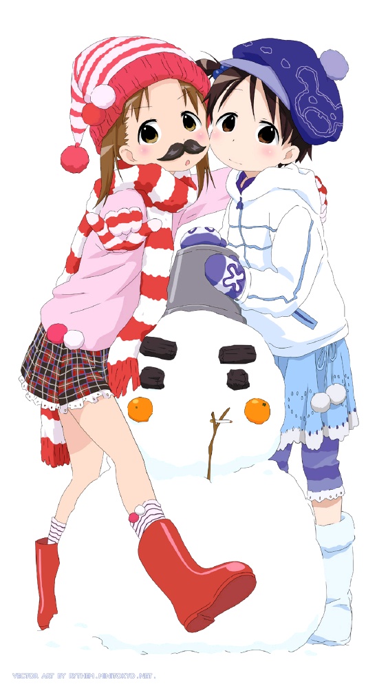 2girls child duplicate facial_hair fake_mustache ichigo_mashimaro itou_chika matsuoka_miu multiple_girls mustache sakai_kyuuta snowman