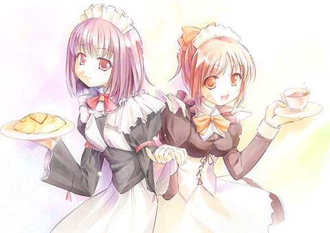 2girls :d apron bell bow bowtie brown_eyes brown_hair cup food frills headband looking_at_viewer lowres maid maid_apron maid_headdress multiple_girls necktie omelet open_mouth parfait parfait_re-order pink_eyes pink_hair plate purple_hair ribbon saucer short_hair smile takoyaki_(roast) teacup upper_body violet_eyes waitress yellow_bow yellow_bowtie