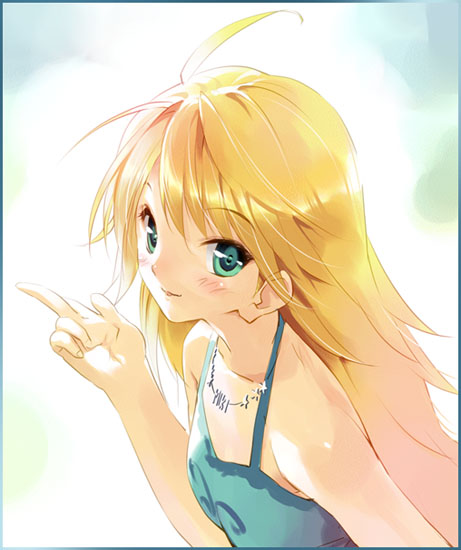 1girl animal_ears bare_shoulders blonde_hair blush camisole closed_mouth collarbone eyebrows eyebrows_visible_through_hair green_eyes green_shirt halter_top halterneck hoshii_miki idolmaster jewelry long_hair looking_at_viewer necklace shirt simple_background solo ueda_ryou upper_body very_long_hair white_background