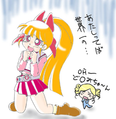 2girls akazutsumi_momoko belt boots chibi footwear goutokuji_miyako hyper_blossom kneeling long_hair lowres multiple_girls open_mouth orange_hair ponytail powerpuff_girls powerpuff_girls_z red_eyes rolling_bubbles skirt socks tears translation_request