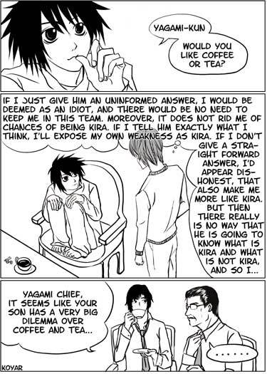 4boys barefoot coffee comic cup death_note feet hard_translated l_(death_note) monochrome multiple_boys parody police simple_background sitting tea teacup yagami_light