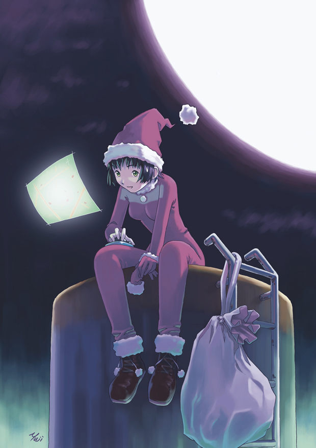 1girl christmas computer kobayashi_yuji kobayashi_yuuji santa_costume sitting solo winter