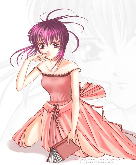 00s 1girl bare_shoulders book chikage_(sister_princess) detached_sleeves dress holding holding_book looking_at_viewer off-shoulder_dress off_shoulder ponytail purple_hair red_dress short_hair sister_princess sitting solo violet_eyes zoom_layer