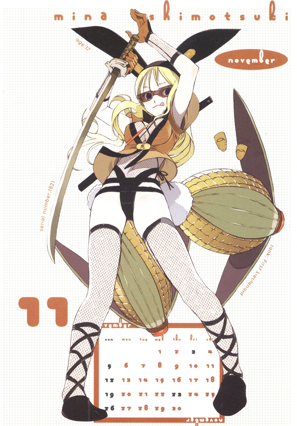 00s 1girl 2006 animal_ears blonde_hair blue_eyes breasts calendar getsumento_heiki_miina gloves highres large_breasts long_hair november okama rabbit_ears scan shimotsuki_mina solo sunglasses sword tail thigh-highs weapon