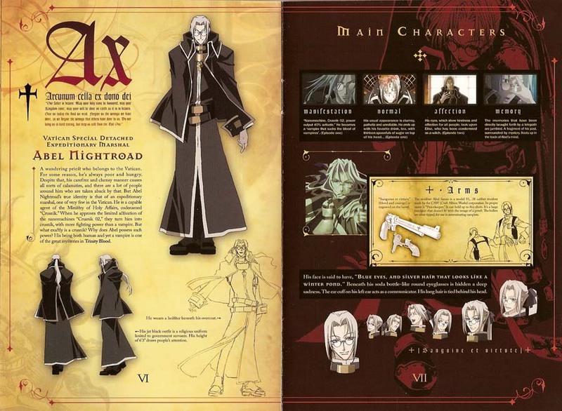 1boy abel_nightroad belt character_sheet glasses gothic gun lineart long_hair nakajima_atsuko nightroad official_art ponytail robe silver_hair smile solo standing trinity_blood turnaround vampire weapon