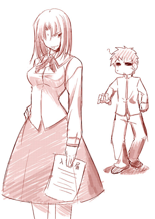 1boy 1girl ? annotated bangs cowboy_shot emiya_shirou fate/stay_night fate_(series) fue_(rhomphair) holding long_sleeves looking_at_viewer mitsuzuri_ayako monochrome paper parted_bangs pink short_hair simple_background skirt standing walking white_background