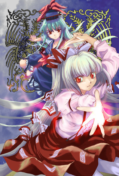 2girls alternate_costume blue_hair female fujiwara_no_mokou hat kamishirasawa_keine long_hair multicolored_hair multiple_girls ofuda ornament pose red_eyes serious silver_hair skirt suspenders touhou very_long_hair white_hair