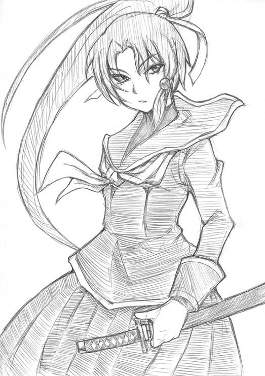 1girl akenoin_soumon aq_interactive arcana_heart atlus examu katana monochrome sketch solo sword tokinomiya_kamui weapon