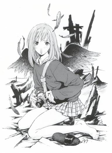 00s 1girl angel angel_wings barefoot camera feathers feet flcl kneeling lowres miniskirt monochrome outdoors plaid plaid_skirt ruins sadamoto_yoshiyuki samejima_mamimi sandals school_uniform serafuku skirt solo wings