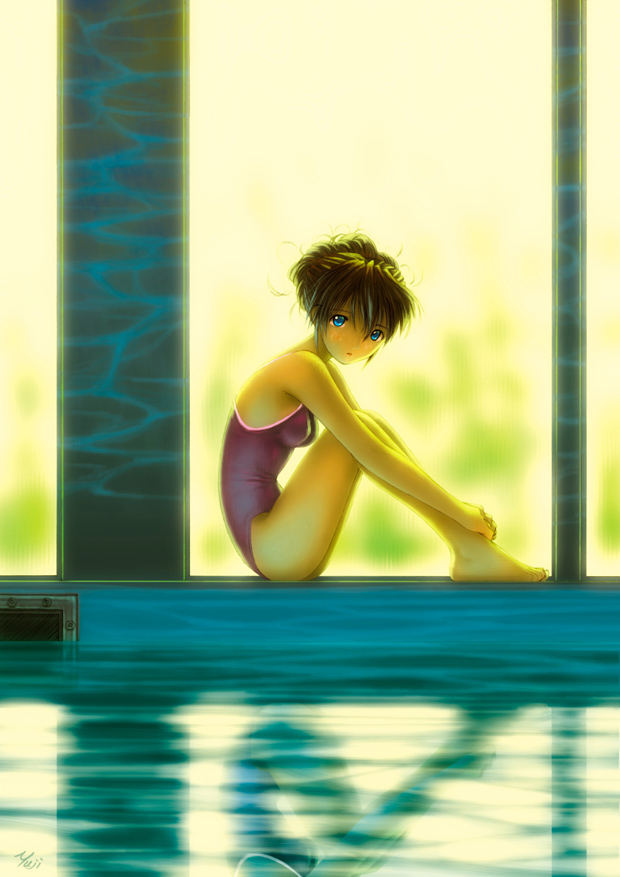 1girl alternate_hairstyle artist_name barefoot blue_eyes blush breasts brown_hair feet hair_bun indoors knees_to_chest kobayashi_yuji looking_at_viewer neon_genesis_evangelion one-piece_swimsuit pool red_swimsuit reflection sitting small_breasts solo souryuu_asuka_langley swimsuit water window