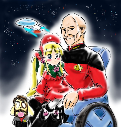 1boy 1girl bald blonde_hair charles_xavier cosplay crossover dual_persona jean-luc_picard jean_luc_picard kunkun marvel morning_rozen_time mugihito parody patrick_stewart picard rozen_maiden seiyuu_connection shinku star_trek star_trek:_the_next_generation uss_enterprise what wheelchair william_riker william_riker_(cosplay) x-men