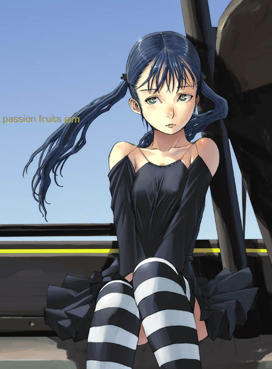 1girl bare_shoulders black_&amp;_white black_hair detached_sleeves dress green_eyes passion_fruits_jam patterned_legwear sitting solo striped striped_legwear thigh-highs twintails two-tone_stripes yoneda_taishou