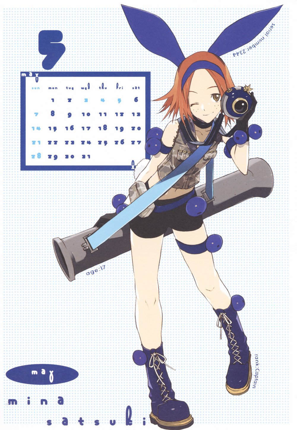 00s 1girl 2006 animal_ears bazooka bike_shorts boots brown_eyes brown_hair calendar freckles getsumento_heiki_miina gloves hairband highres midriff okama rabbit_ears satsuki_mina scan short_hair shorts solo spandex tail weapon