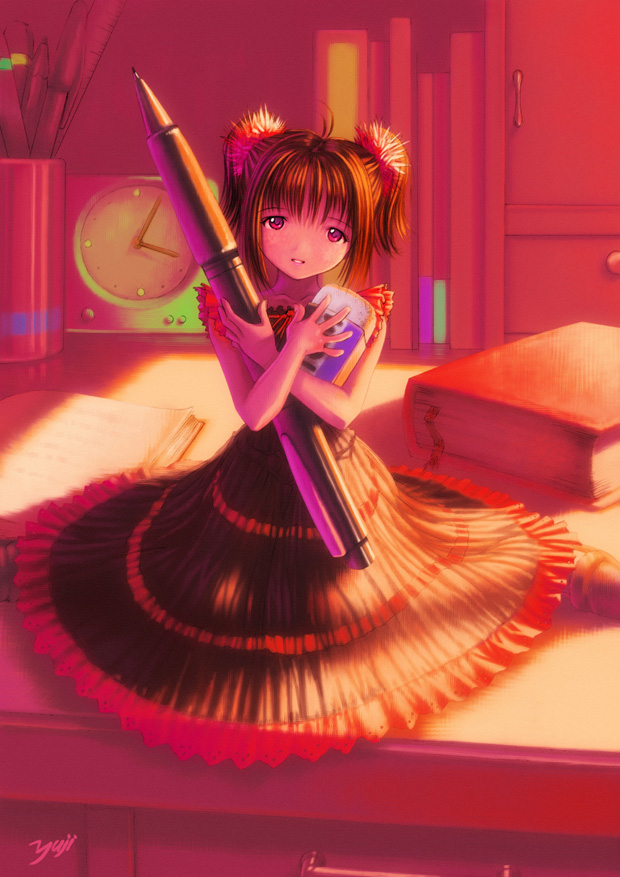1girl dress kobayashi_yuji kobayashi_yuuji mechanical_pencil minigirl oversized_object pencil sitting solo twintails