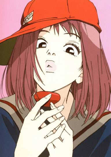 00s 1girl baseball_bat baseball_cap brown_eyes flcl hat lips redhead sadamoto_yoshiyuki samejima_mamimi school_uniform serafuku short_hair solo