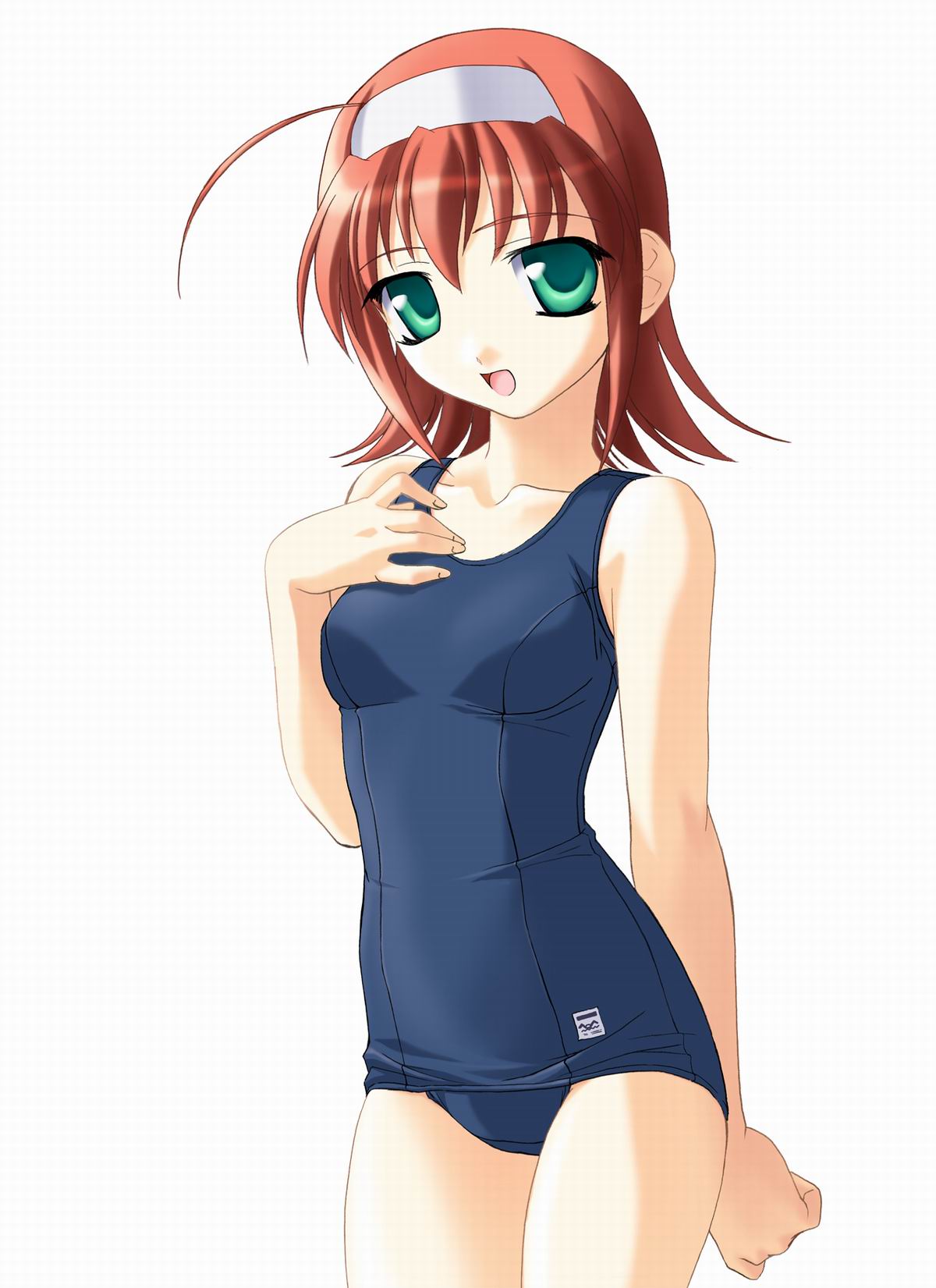 00s 1girl ahoge female green_eyes hairband hand_on_own_chest highres kimi_ga_nozomu_eien moire norizou_type-r one-piece_swimsuit open_mouth redhead school_swimsuit simple_background smile solo suzumiya_akane swimsuit white_background
