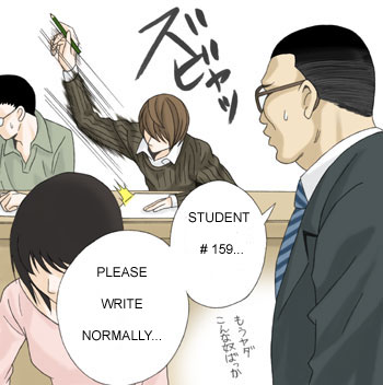 /\/\/\ 1girl 3boys black_hair brown_hair death_note english glasses hair_over_eyes hard_translated lowres multiple_boys necktie no_eyes parody pencil short_hair sitting student sweatdrop text translated writing yagami_light