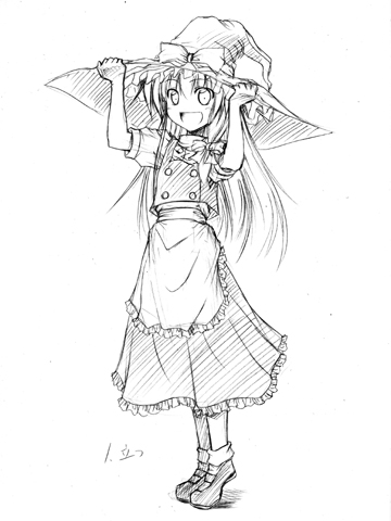 1girl :d aozora_market apron bow female hand_on_headwear hat kirisame_marisa long_hair lowres monochrome open_mouth simple_background smile solo tiptoes touhou