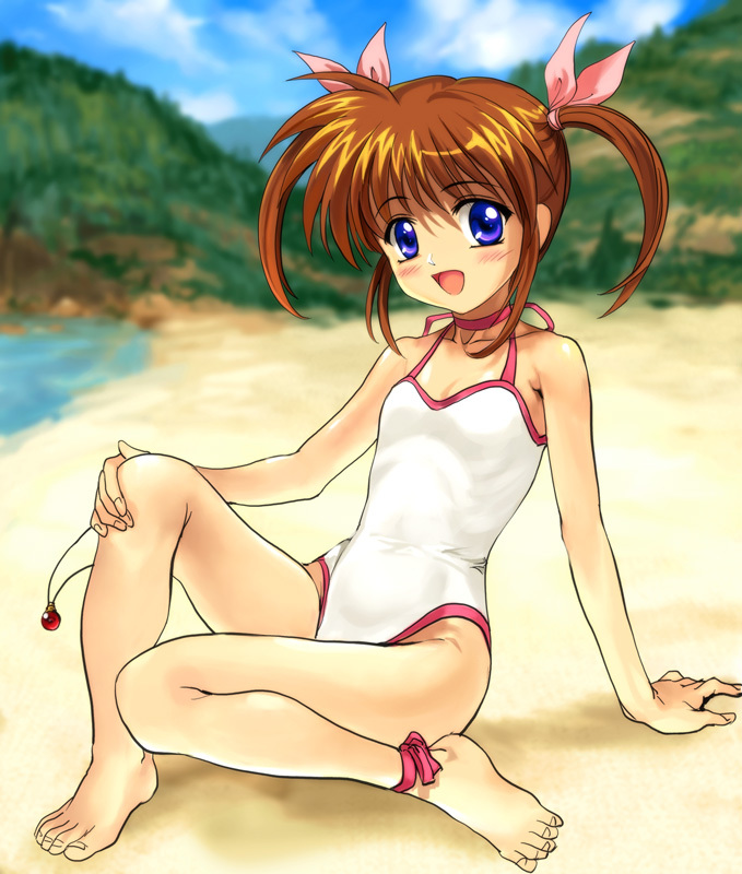 1girl anklet barefoot beach brown_hair casual_one-piece_swimsuit choker feet halterneck jewelry leg_ribbon lyrical_nanoha mahou_shoujo_lyrical_nanoha mahou_shoujo_lyrical_nanoha_a's mutsuki_(moonknives) one-piece_swimsuit outdoors raising_heart ribbon ribs seven_arcs sitting smile solo swimsuit takamachi_nanoha toes twintails violet_eyes water