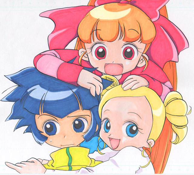 3girls :d akazutsumi_momoko blonde_hair blue_eyes blue_hair blush drill_hair goutokuji_miyako hyper_blossom jacket long_hair looking_at_viewer matsubara_kaoru multiple_girls open_mouth orange_hair ponytail powered_buttercup powerpuff_girls powerpuff_girls_z red_eyes rolling_bubbles short_hair simple_background smile spiky_hair track_jacket turtleneck twin_drills twintails upper_body very_long_hair white_background