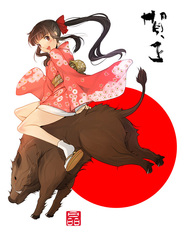 00s 1girl 2007 boar boar_(chinese_zodiac) brown_eyes brown_hair chinese_zodiac japanese_clothes kimono long_hair looking_at_viewer looking_back new_year ponytail short_kimono simple_background smile sonobe_kazuaki