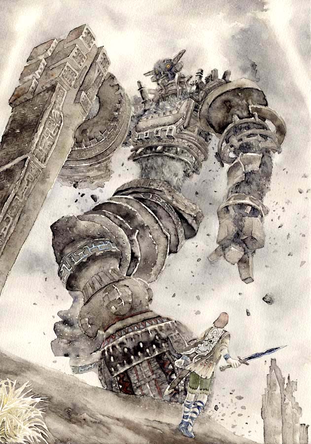 1boy attack colossus fighting gaius game_console male_focus playstation_2 shadow_of_the_colossus size_difference sword terumidot506 traditional_media video_game wander watercolor_(medium) weapon