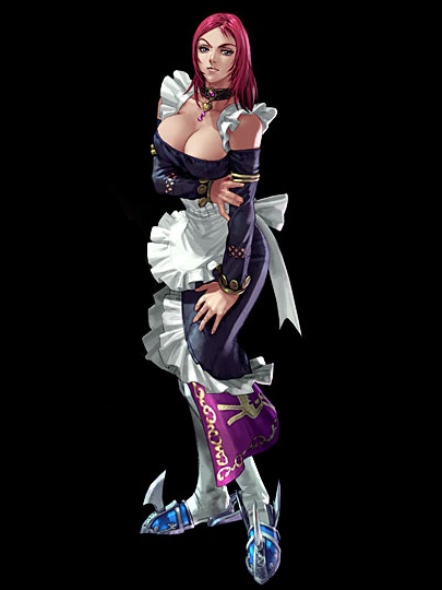 1girl apron black_background breasts choker chronicles_of_the_sword cleavage closed_mouth detached_sleeves extra full_body hand_on_leg kawano_takuji large_breasts maid maid_apron official_art pose redhead simple_background solo soul_calibur soulcalibur_iii standing valeria weapon