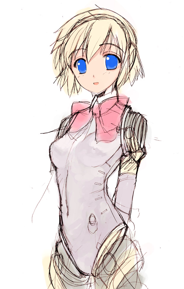 1girl aegis aegis_(persona) android atlus blonde_hair blue_eyes bow kusaka_souji pantyhose persona persona_3 robot_girl simple_background sketch solo