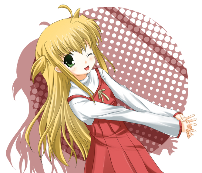 1girl ;d arisa_bannings bangs blonde_hair dress green_eyes hands_together long_hair long_sleeves looking_at_viewer lyrical_nanoha mahou_shoujo_lyrical_nanoha mahou_shoujo_lyrical_nanoha_a's mahou_shoujo_lyrical_nanoha_strikers odaya odayan one_eye_closed open_mouth shadow smile solo two_side_up