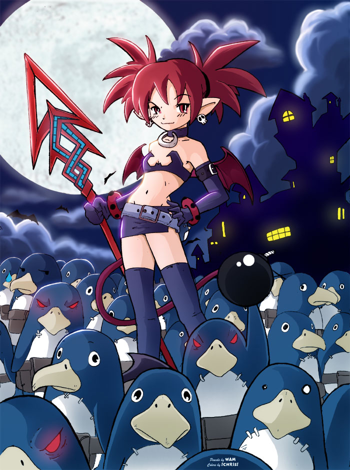 1girl disgaea elbow_gloves etna flat_chest gloves makai_senki_disgaea miniskirt prinny prinny_team red_eyes skirt sky tail thigh-highs zettai_ryouiki