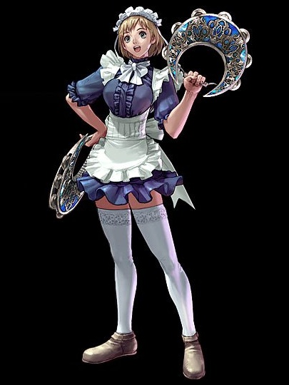 1girl apron chronicles_of_the_sword extra female full_body hand_on_hip instrument kawano_takuji lynette maid maid_headdress official_art open_mouth pose shoes solo soul_calibur soulcalibur soulcalibur_iii standing tambourine thigh-highs white_legwear zettai_ryouiki