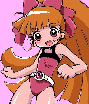 1girl ahoge akazutsumi_momoko armpits bangs bare_shoulders blunt_bangs brooch gem hyper_blossom jewelry leotard long_hair looking_at_viewer lowres oekaki orange_hair powerpuff_girls powerpuff_girls_z red_eyes solo standing swimsuit very_long_hair