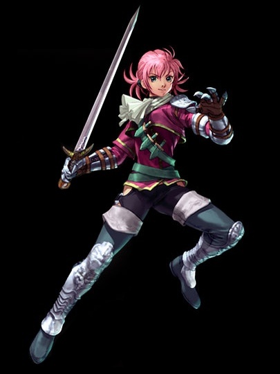 1girl armor ascot belt boots chronicles_of_the_sword extra fighting_stance gauntlets kawano_takuji knife luna_(soulcalibur) official_art pink_hair pose short_hair short_twintails simple_background smile solo soul_calibur soulcalibur soulcalibur_iii standing strap sword thigh-highs thigh_boots twintails weapon