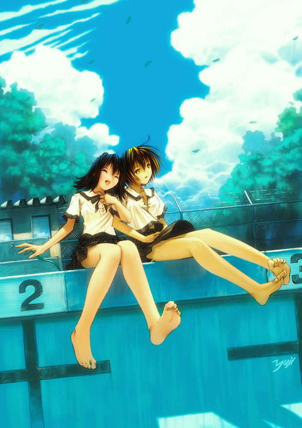 &gt;_&lt; 2girls :d artist_name barbed_wire barefoot chain-link_fence closed_eyes clouds empty_eyes empty_pool feet fence kobayashi_yuji laughing legs light locked_arms multiple_girls neckerchief open_mouth outdoors pool poolside school_uniform serafuku shadow side-by-side sitting skirt smile soles toes tree