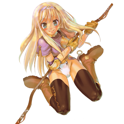 1girl armor blonde_hair boots bow_(weapon) green_eyes hairband long_hair lowres morii_shizuki no_pants panties ragnarok_online sitting solo thigh-highs thighs underwear weapon