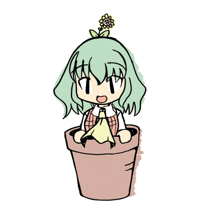 1girl :d ascot chibi female flower flower_on_head flower_pot green_hair kazami_yuuka lowres open_mouth plaid plaid_vest pot short_hair smile solo touhou upper_body white_background youkai