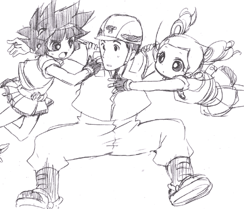 1boy 2girls akazutsumi_momoko ankle_boots baseball_cap boots flying full_body goutokuji_miyako hat hyper_blossom lowres matsubara_kaoru monochrome multiple_girls pleated_skirt powered_buttercup powerpuff_girls powerpuff_girls_z professor_utonium professor_utonium_(ppgz) rolling_bubbles simple_background skirt solo spiky_hair spread_legs standing sweatdrop twintails white_background