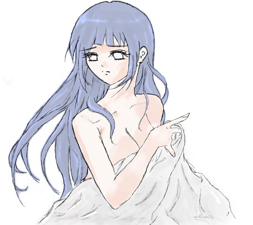 1girl bangs bed blue_hair breasts cleavage covering covering_breasts empty_eyes frown glaring hyuuga_hinata lems long_hair muted_color naked_sheet naruto nude signature simple_background solo upper_body white_background