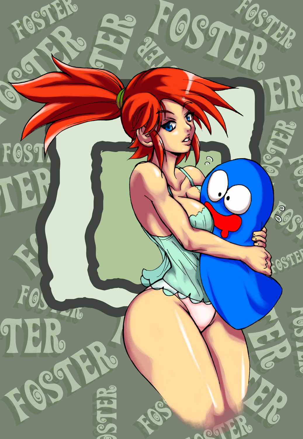 1girl :d between_breasts bloo blooregard_q_kazoo blue_eyes blue_skin breast_press breast_smother breasts camisole cleavage curvy drooling foster's_home_for_imaginary_friends frances_foster frankie_foster highres hug lingerie lips monster nightgown no_pants open_mouth panties pink_panties ponytail redhead saliva see-through smile thighs underwear