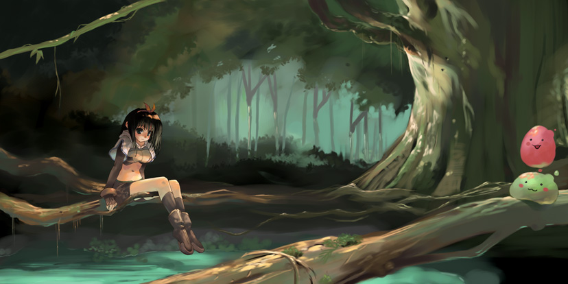1girl bare_legs black_hair blob forest full_body hairband looking_at_viewer midriff morii_shizuki nature navel outdoors peaceful plant pond poporing poring ragnarok_online scenery short_hair simple_background sitting solo stomach tree water