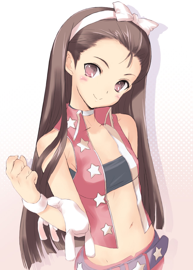 1girl bandeau belt choker cool_&amp;_sexy_(idolmaster) flat_chest hairband idolmaster kawata_hisashi long_hair midriff minase_iori miniskirt open_clothes open_shirt ribbon shirt skirt solo strapless tubetop vest